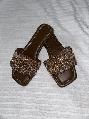 Brown Glitter Slide Sandals with Sparkle Strap